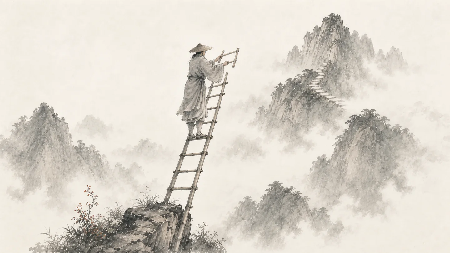 A monk atop a bamboo ladder adds one more rung toward a higher misty peak, illustrating 百尺竿头,更进一步.