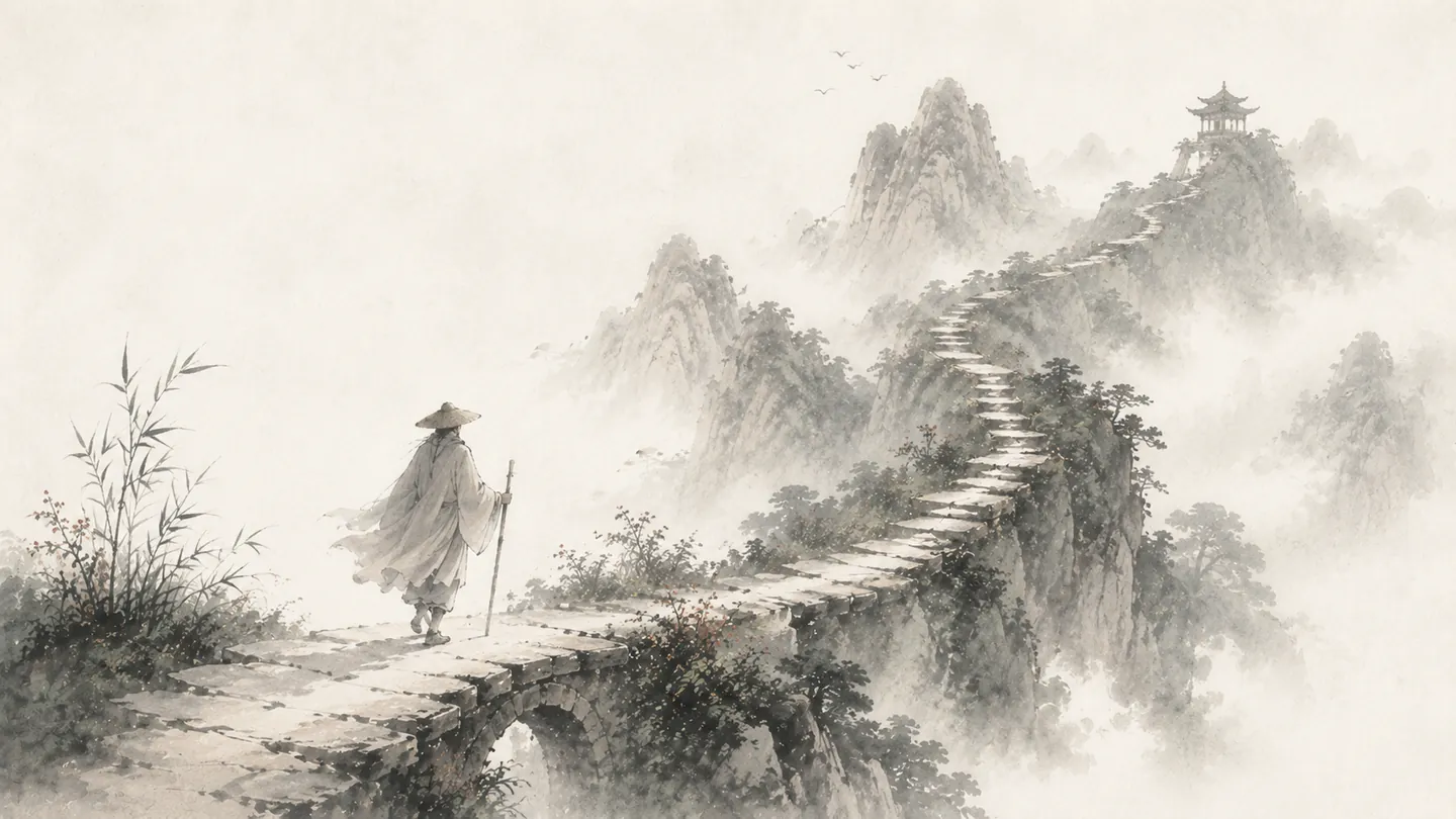 A lone traveler continues across a stone bridge toward a distant mountain pavilion, illustrating 不怕慢,就怕站.