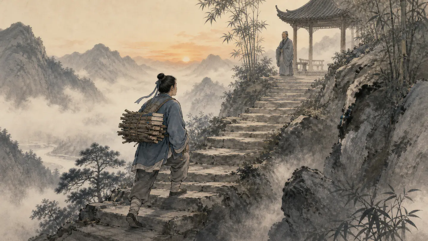 At dawn, a determined learner climbs a long stone path with books and firewood toward a quiet pavilion, illustrating 吃得苦中苦,方为人上人.