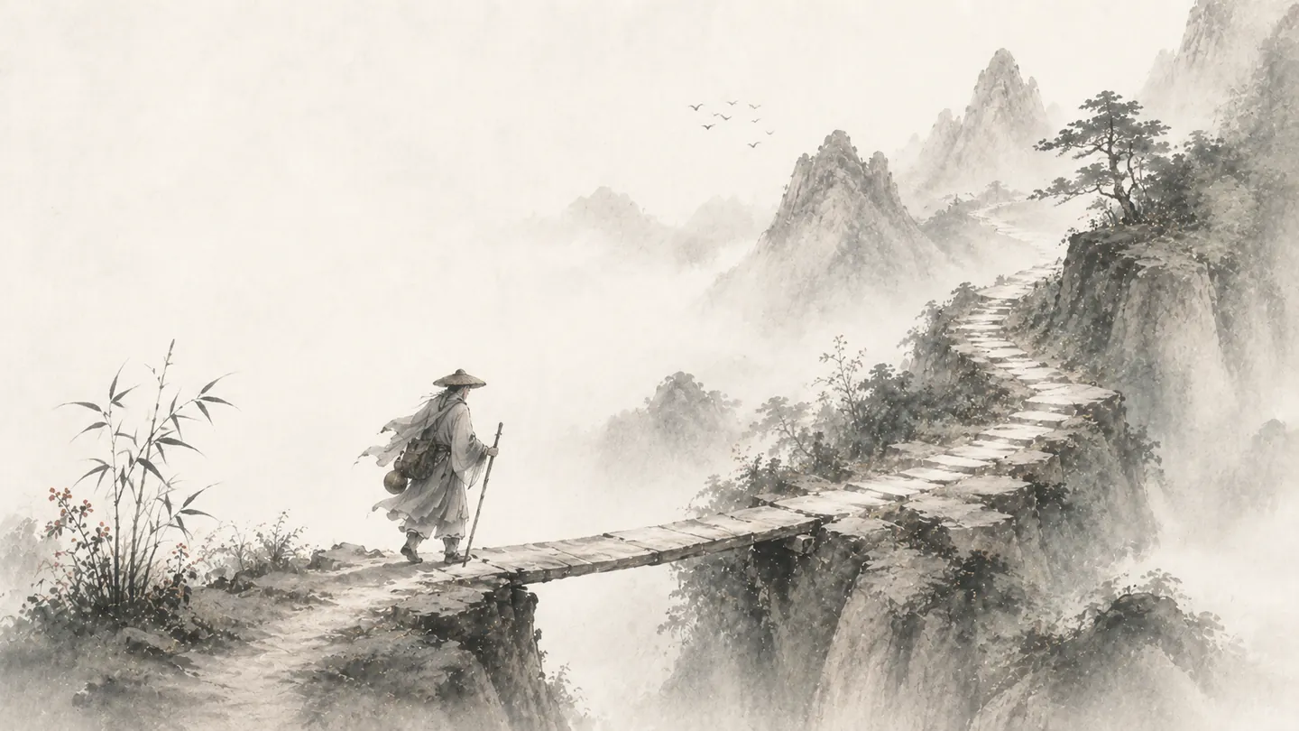 A traveler crosses a broken mountain bridge after a difficult stretch of road, illustrating 吃一堑,长一智.
