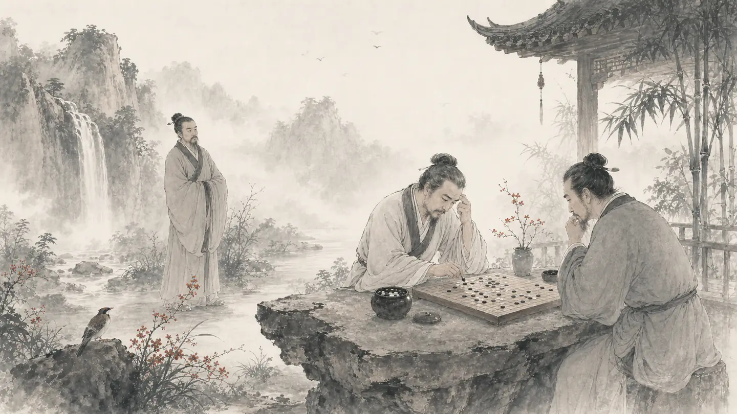 Two players are absorbed in a Go game while a quiet observer sees the decisive move, illustrating 当局者迷,旁观者清.