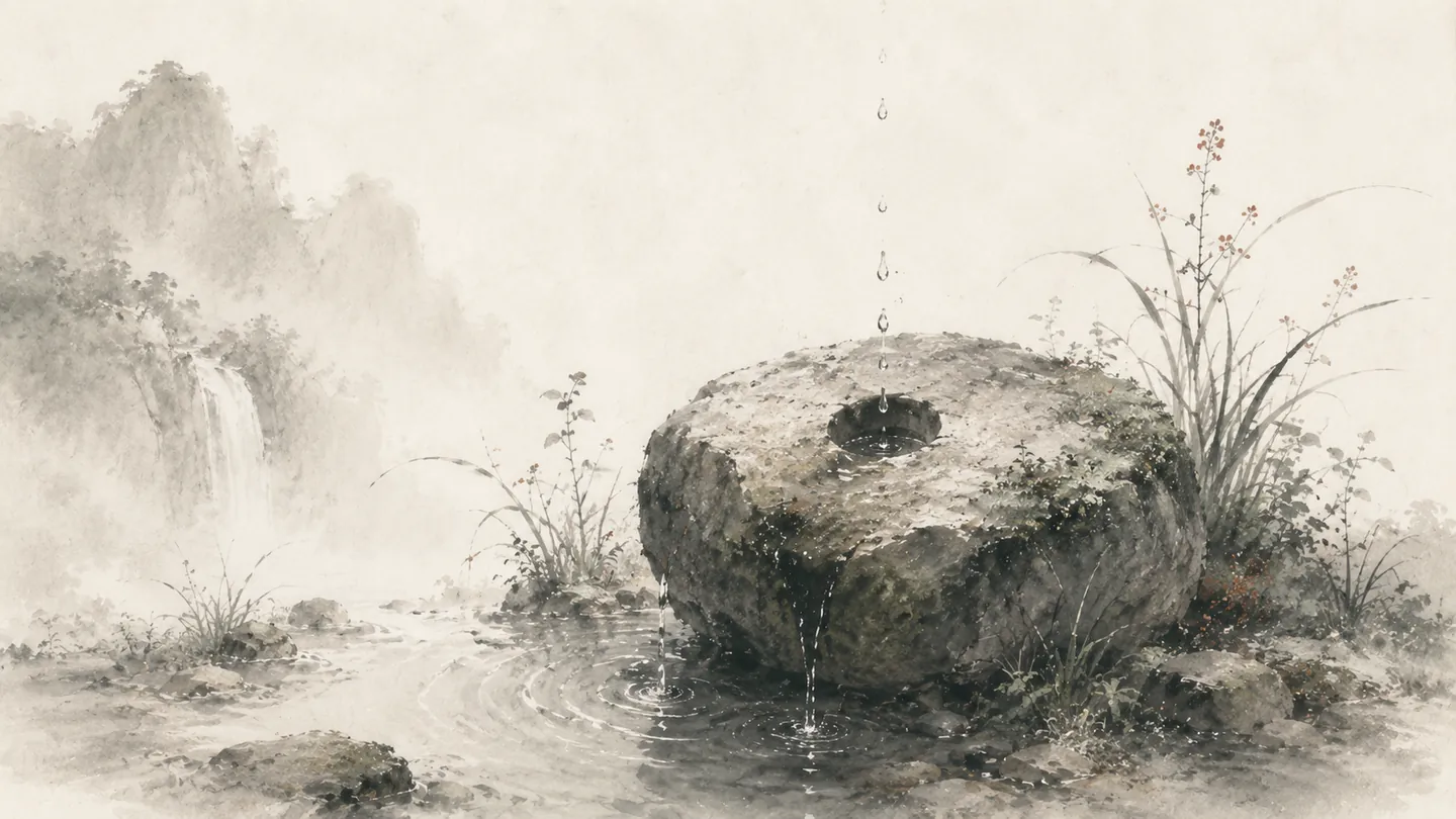 Repeated drops of water fall onto a hollowed stone, illustrating 滴水穿石.