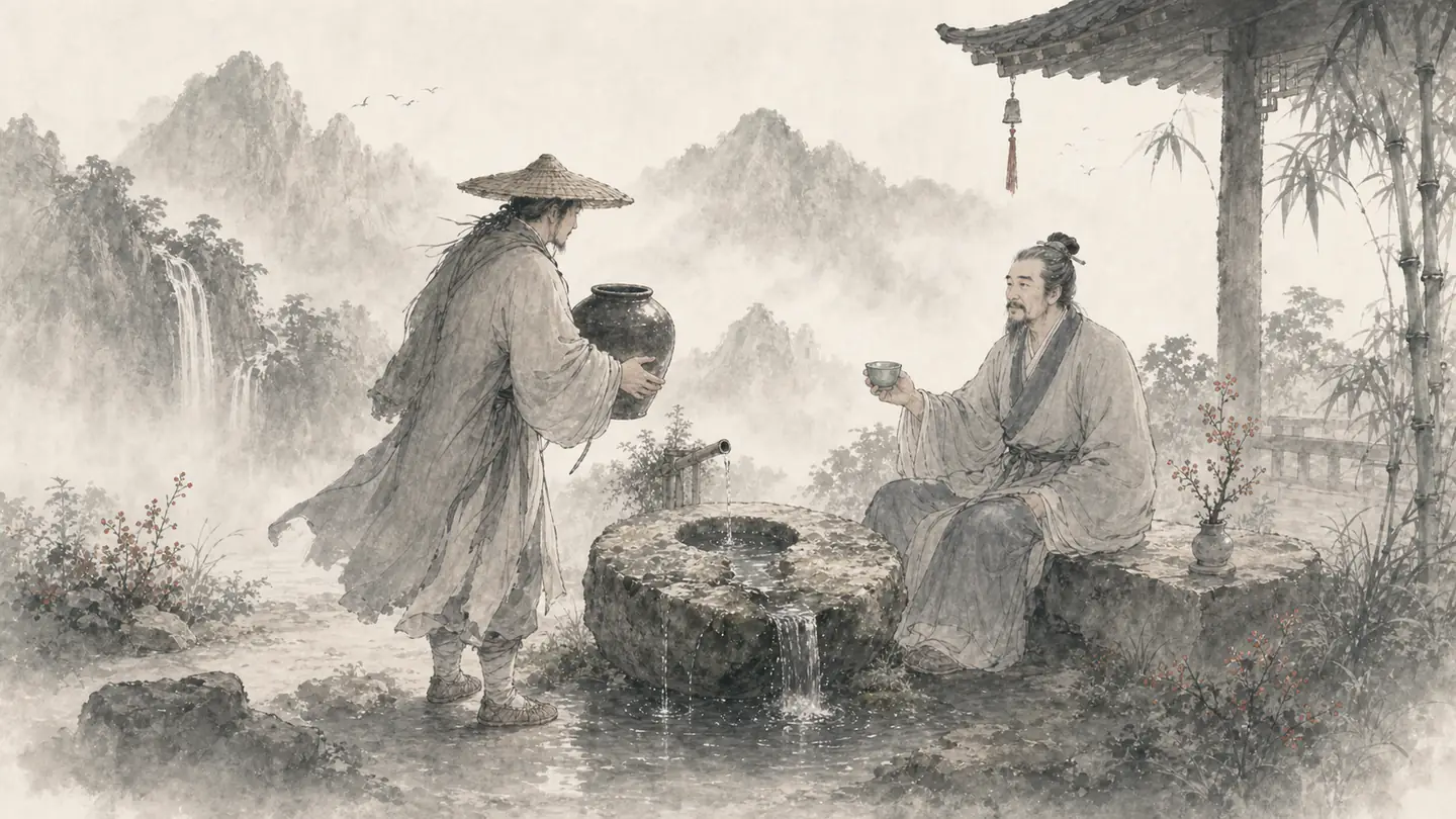 A traveler returns a brimming water jar to an elder holding a small cup beside a spring, illustrating 滴水之恩，当涌泉相报.
