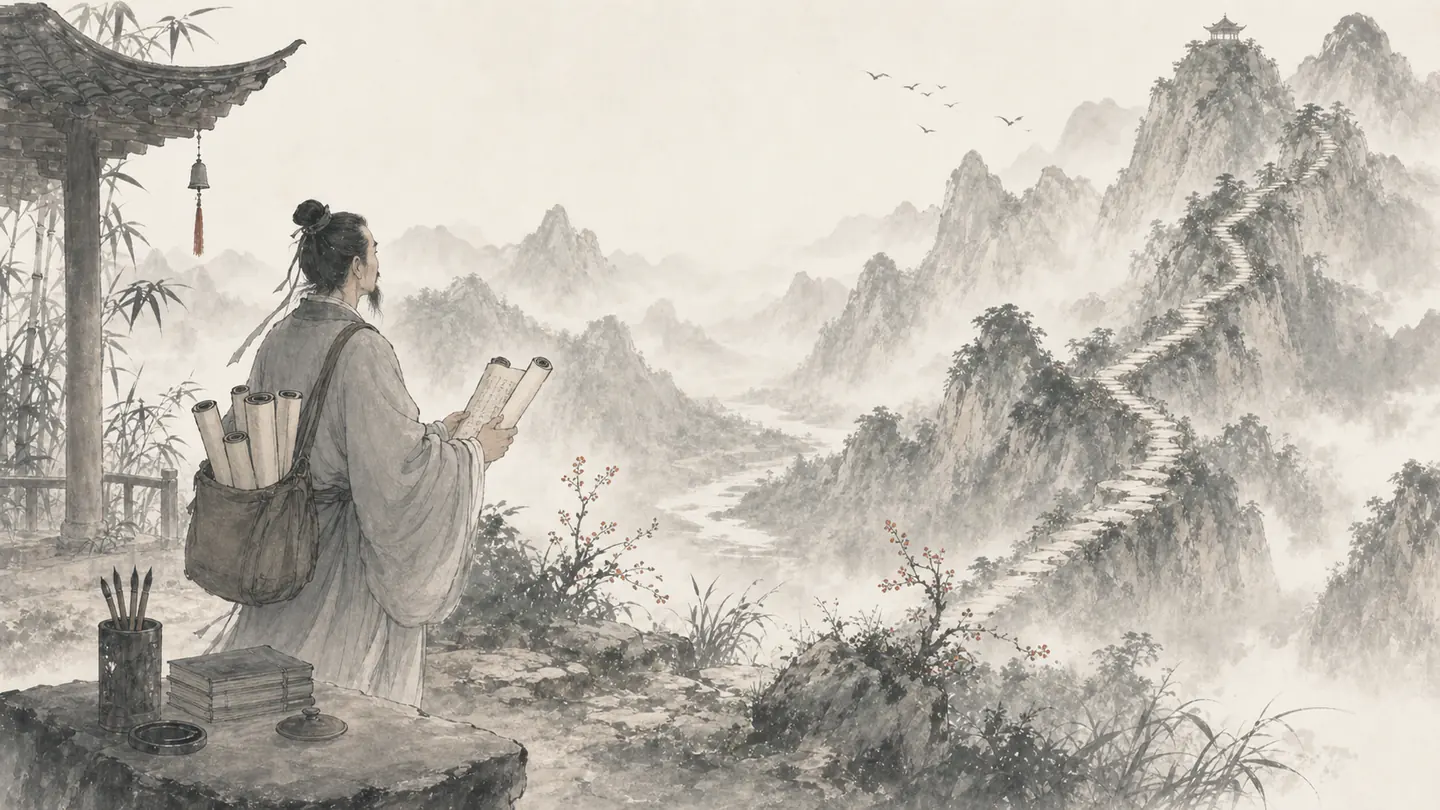 A traveler with a book satchel closes a scroll and looks toward a long road through distant mountains, illustrating 读万卷书，行万里路.