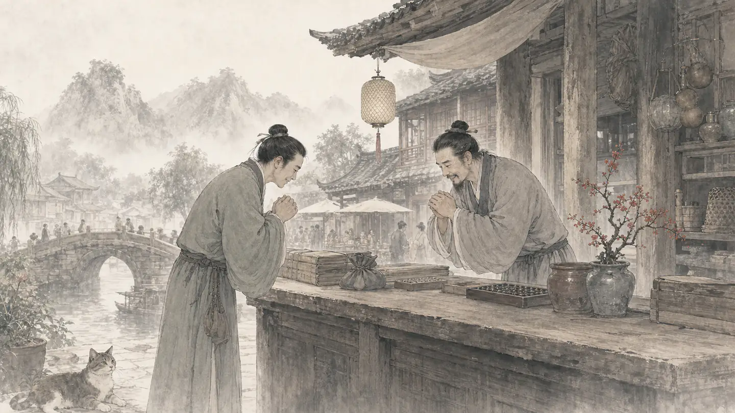 A courteous shopkeeper and customer bow across a wooden counter in a calm market, illustrating 和气生财.