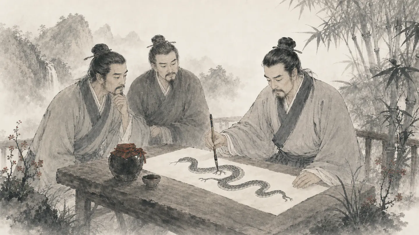A painter adds unnecessary feet to a completed snake picture beside an untouched cup of wine, illustrating 画蛇添足.
