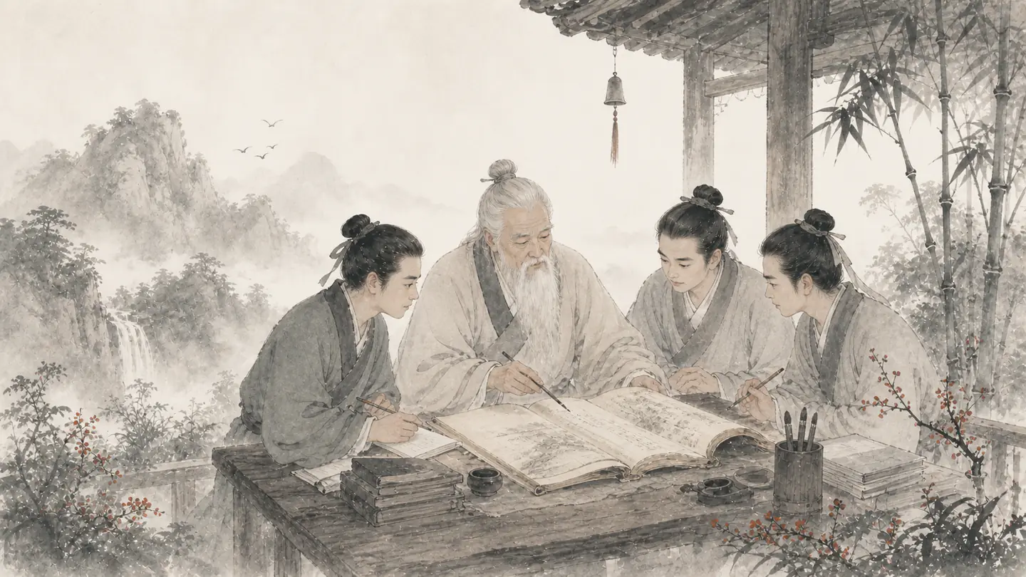A white-haired scholar studies an open book together with younger students at a shared desk, illustrating 活到老,学到老.