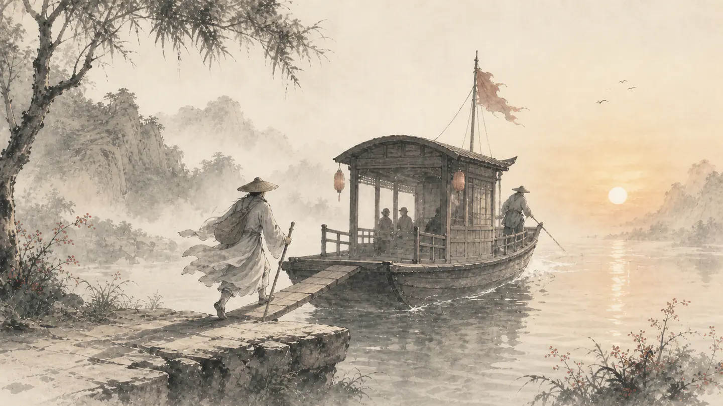 A traveler steps aboard a ferry at sunrise just as it leaves the misty shore, illustrating 机不可失，时不再来.