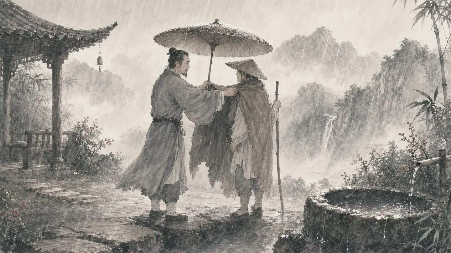 In steady rain, one traveler shares a cloak and umbrella rather than leaving a companion exposed, illustrating 己所不欲，勿施于人.