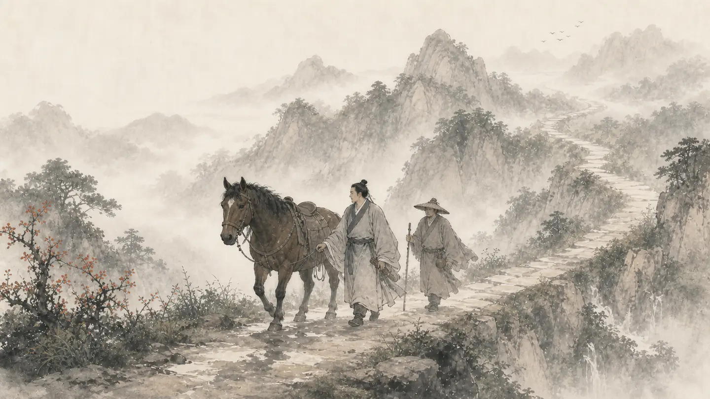 A sturdy horse and two loyal companions continue along a long weathered mountain road, illustrating 路遥知马力，日久见人心.
