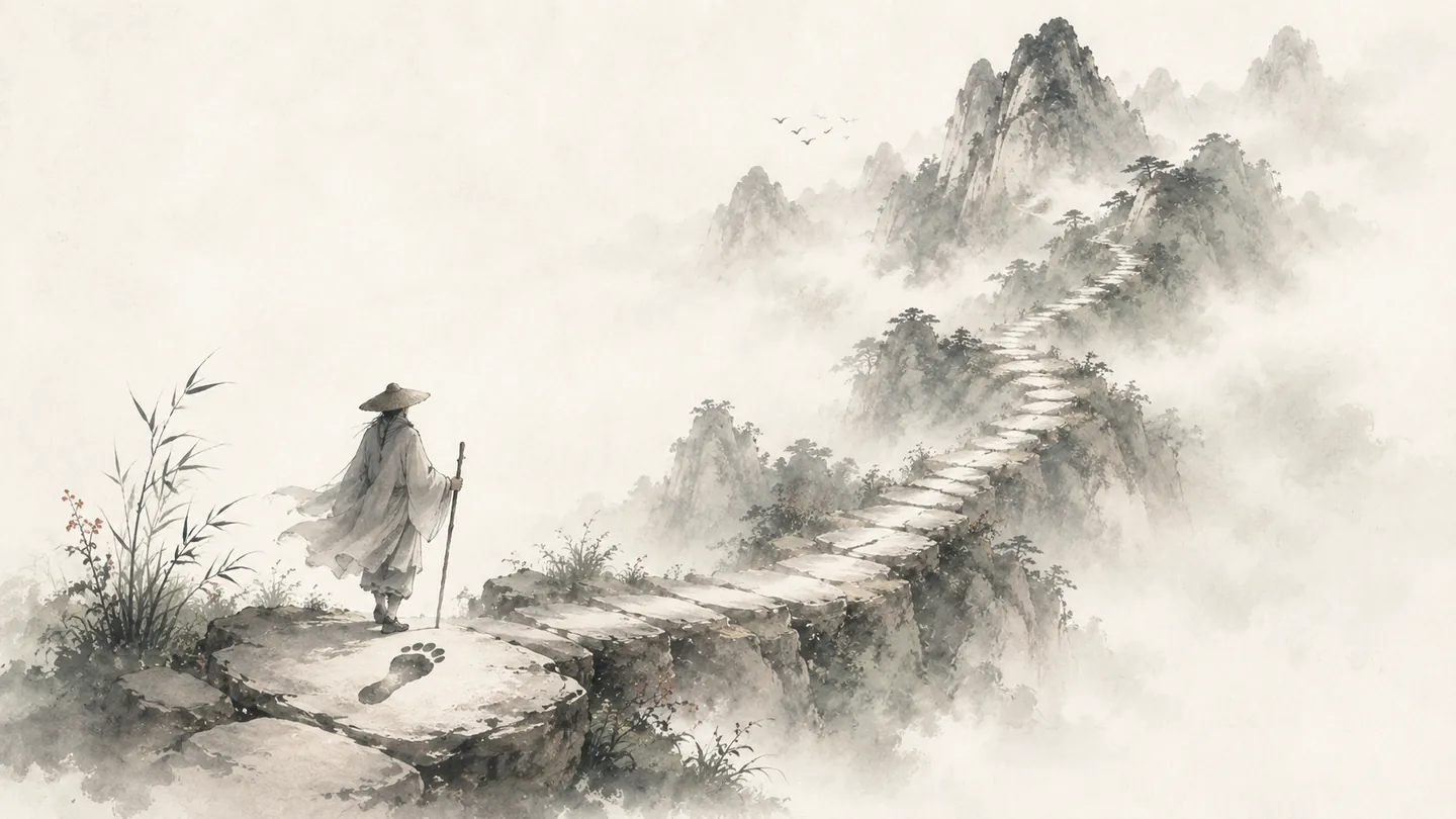 A traveler takes the first step onto a stone path winding toward distant mountains, illustrating 千里之行，始于足下.