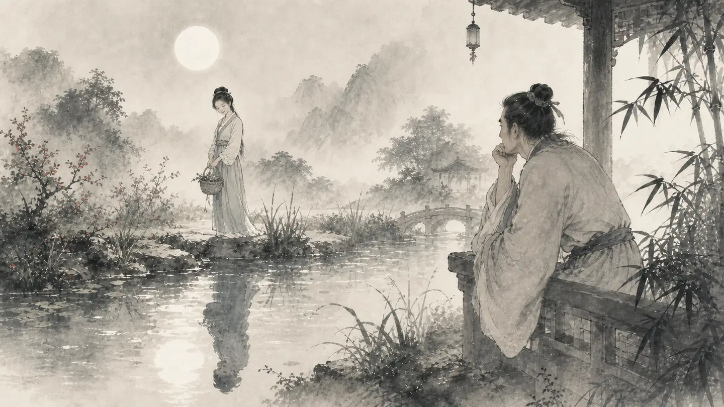 A lover gazes at a simply dressed woman whose moonlit reflection appears especially graceful, illustrating 情人眼里出西施.