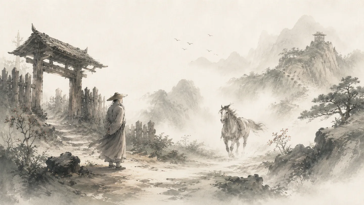 An old frontier man watches a horse return through a mountain pass, illustrating 塞翁失马,焉知非福.