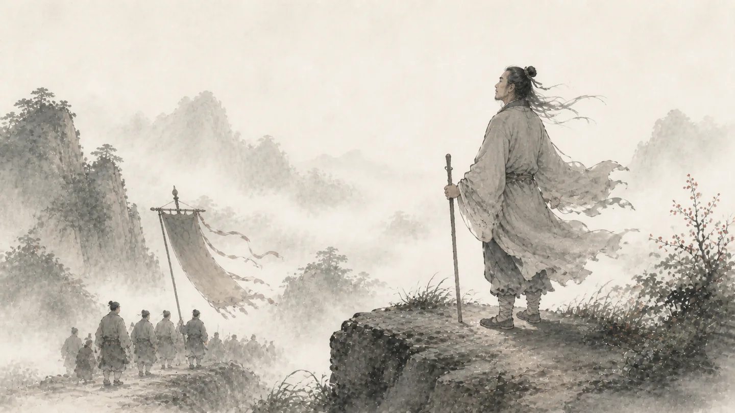 Soldiers carry away a commander’s standard in a misty valley while an ordinary traveler stands unbowed on a windswept ridge, illustrating 三军可夺帅也,匹夫不可夺志也.