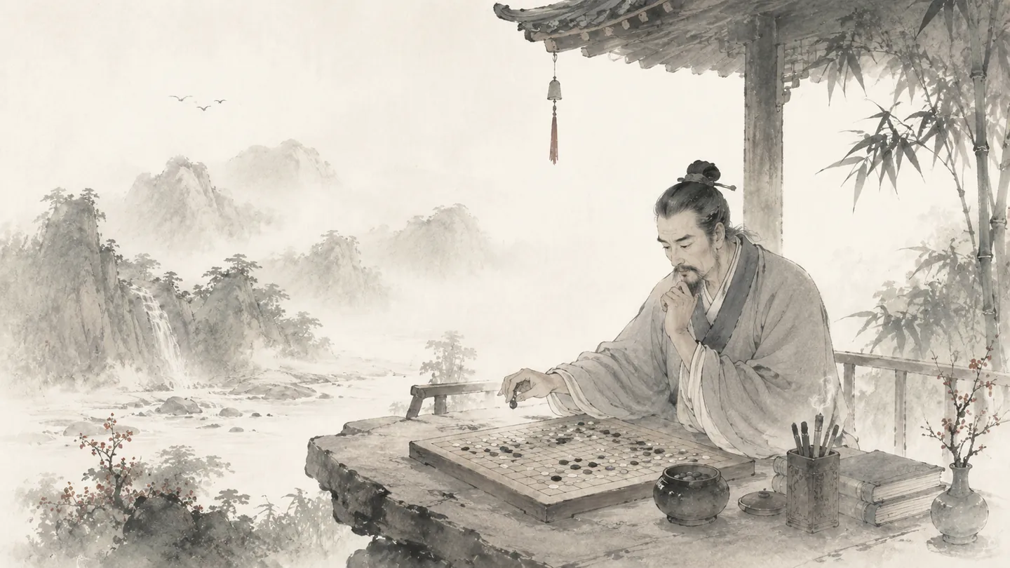 A scholar pauses before placing a stone on a Go board, illustrating 三思而后行.