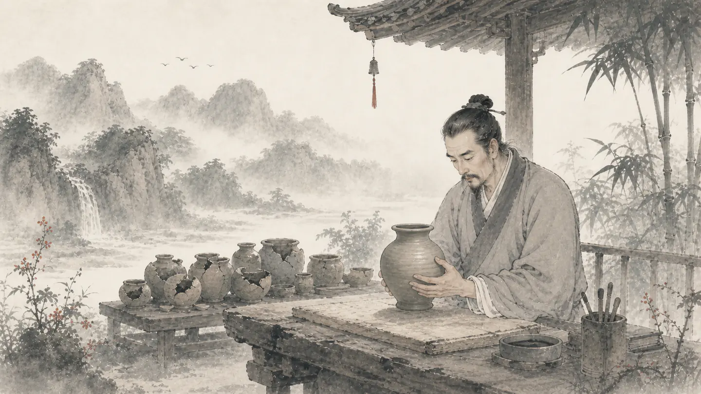 A potter finishes one balanced vessel while cracked practice pieces remain behind the workbench, illustrating 失败是成功之母.