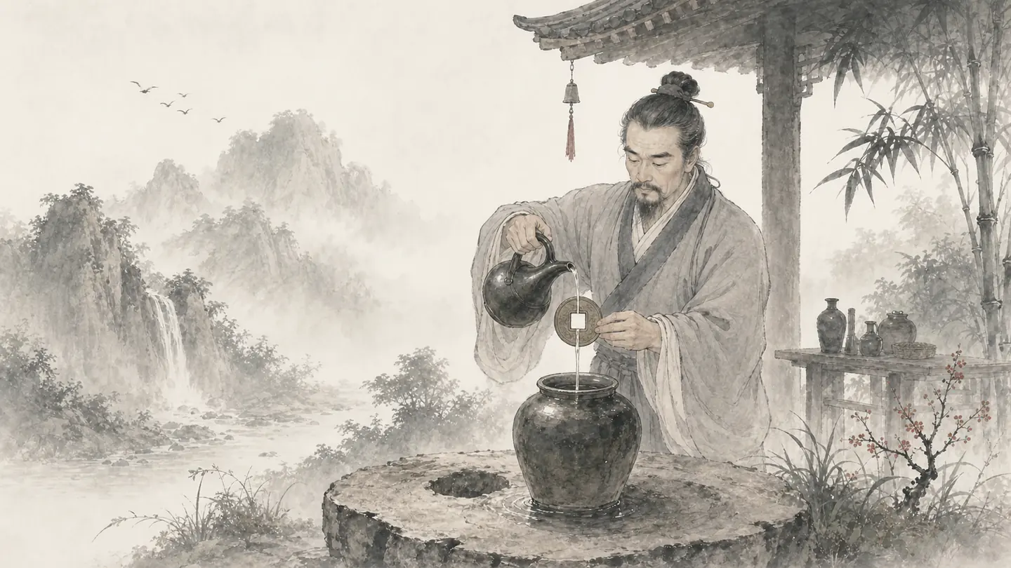 An experienced oil seller pours a fine stream precisely through the square hole of a coin, illustrating 熟能生巧.