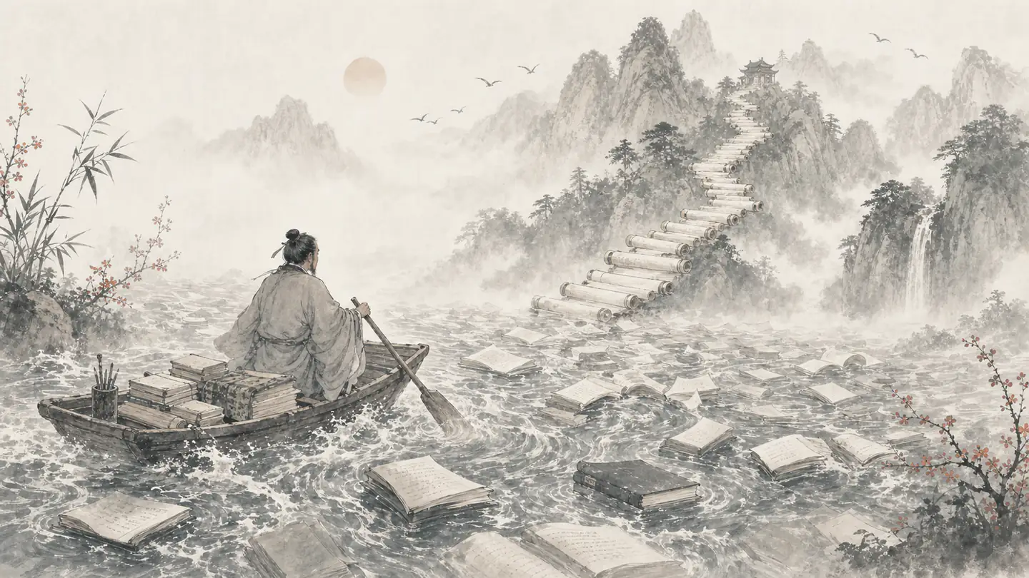 A diligent scholar rows across a dreamlike sea of books toward a mountain path made of scrolls, illustrating 书山有路勤为径,学海无涯苦作舟.