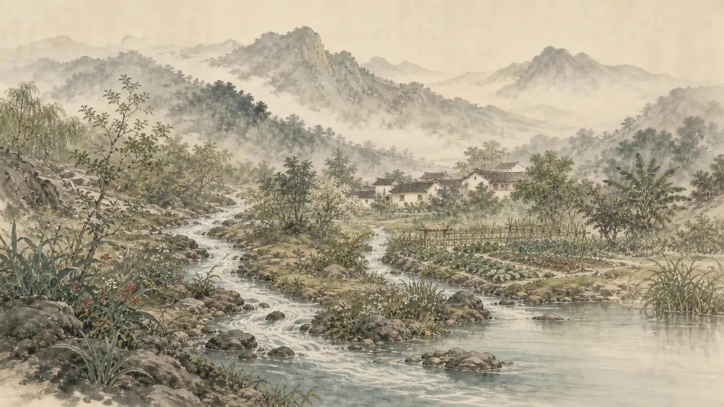 A clear stream flows through a misty mountain valley, nourishing reeds, trees, and a village garden as it settles into the low ground, illustrating 水善利万物而不争,处众人之所恶,故几于道.