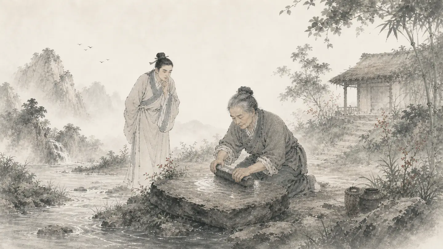 An elderly woman grinds an iron pestle on a stone as a young scholar watches beside a stream, illustrating 只要功夫深，铁杵磨成针.