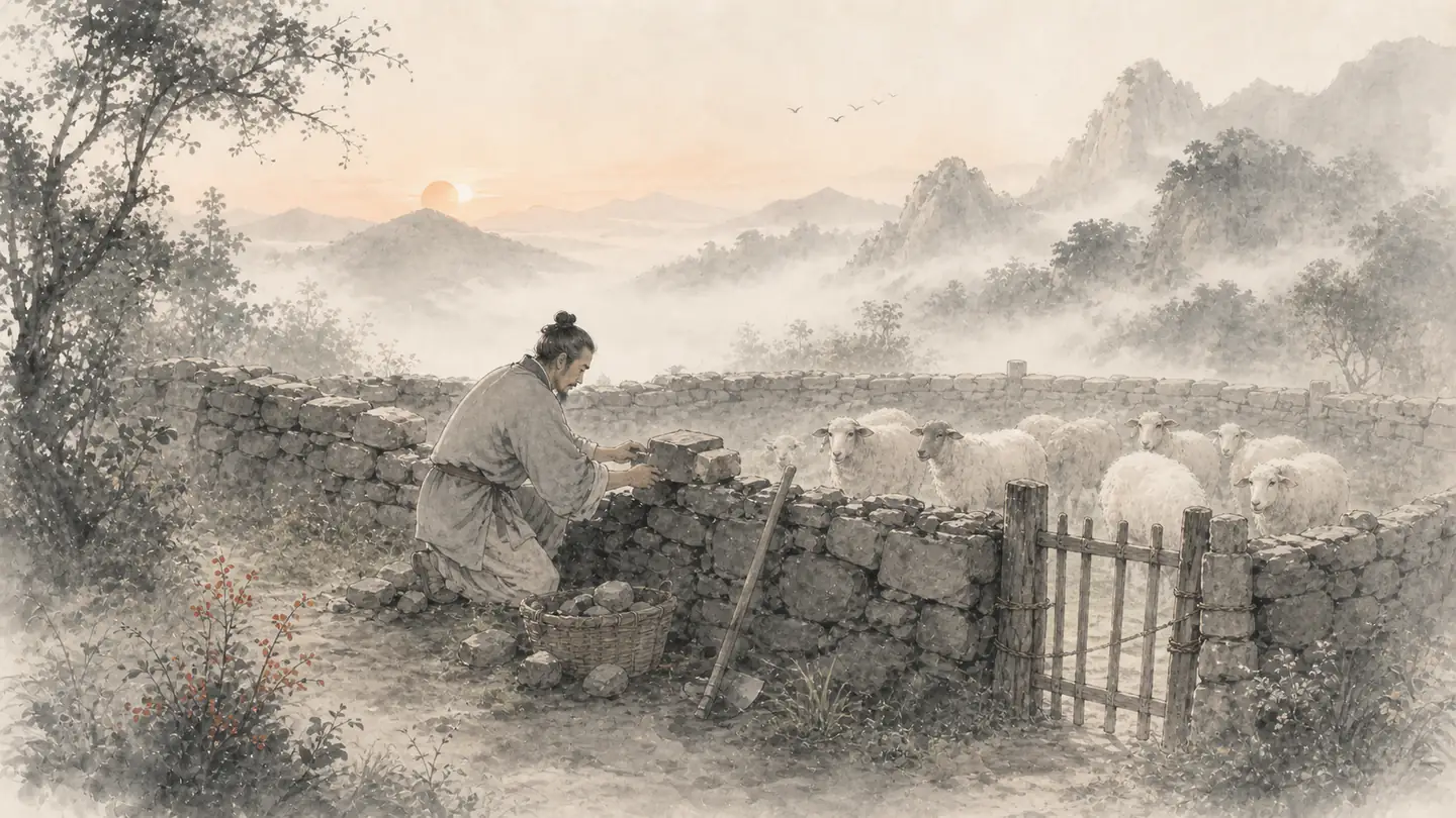 At dawn, a farmer repairs a broken sheep pen while the remaining flock stands safely inside, illustrating 亡羊补牢,为时未晚.