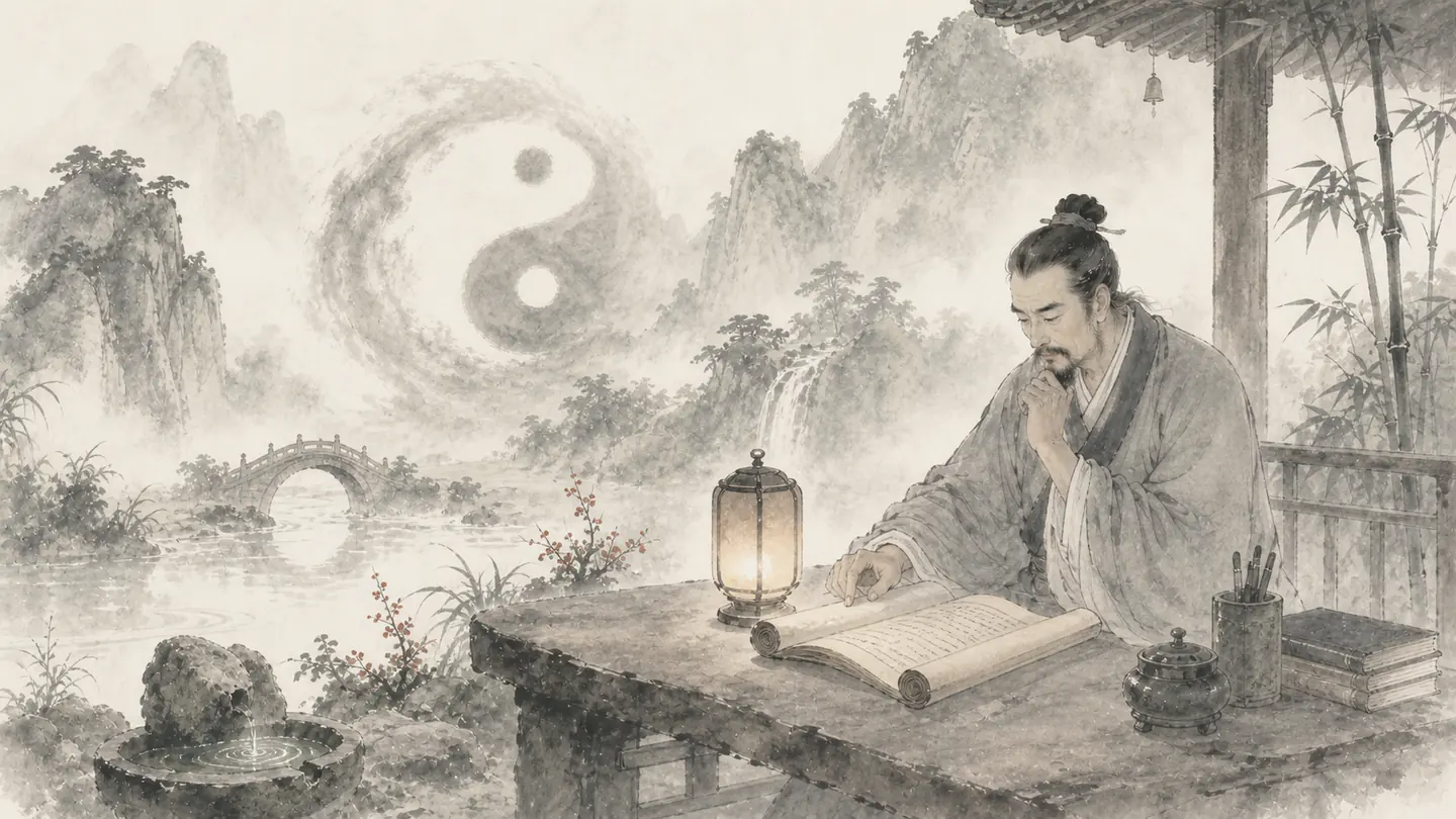 A scholar balances close reading of an open scroll with a deliberate pause for reflection, illustrating 学而不思则罔,思而不学则殆.