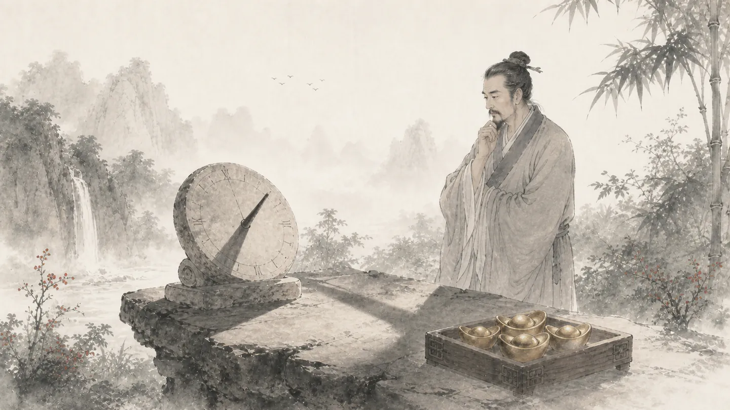 A sundial shadow keeps moving beside untouched gold ingots that cannot slow the light, illustrating 一寸光阴一寸金,寸金难买寸光阴.