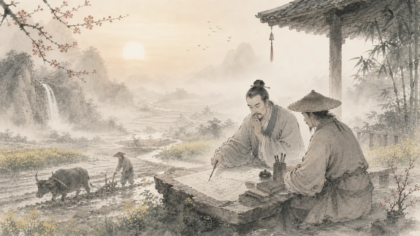 At spring dawn, a farmer and scholar make plans among new shoots in the first warm light, illustrating 一日之计在于晨,一年之计在于春.