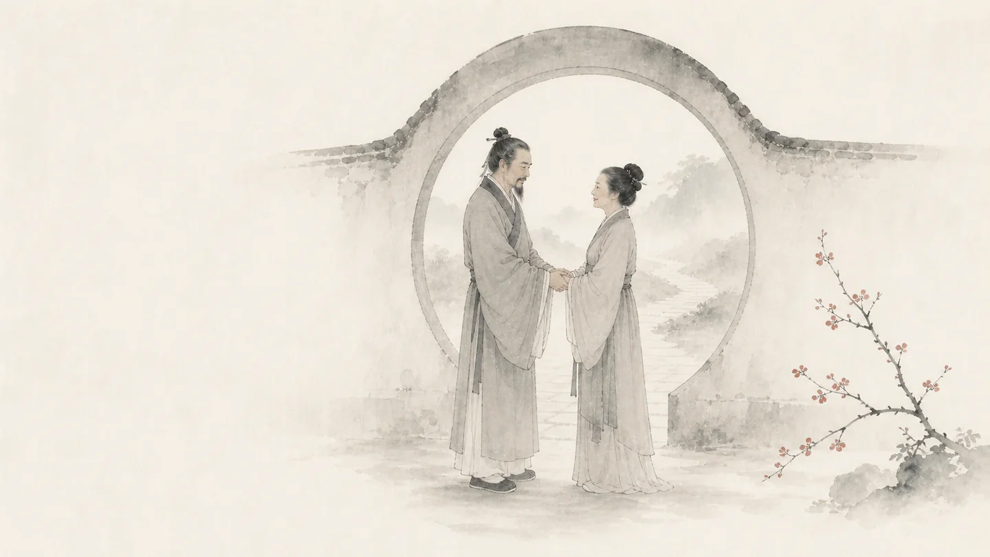Two lovers reunite beneath plum blossoms at a traditional moon gate, illustrating 有情人终成眷属.