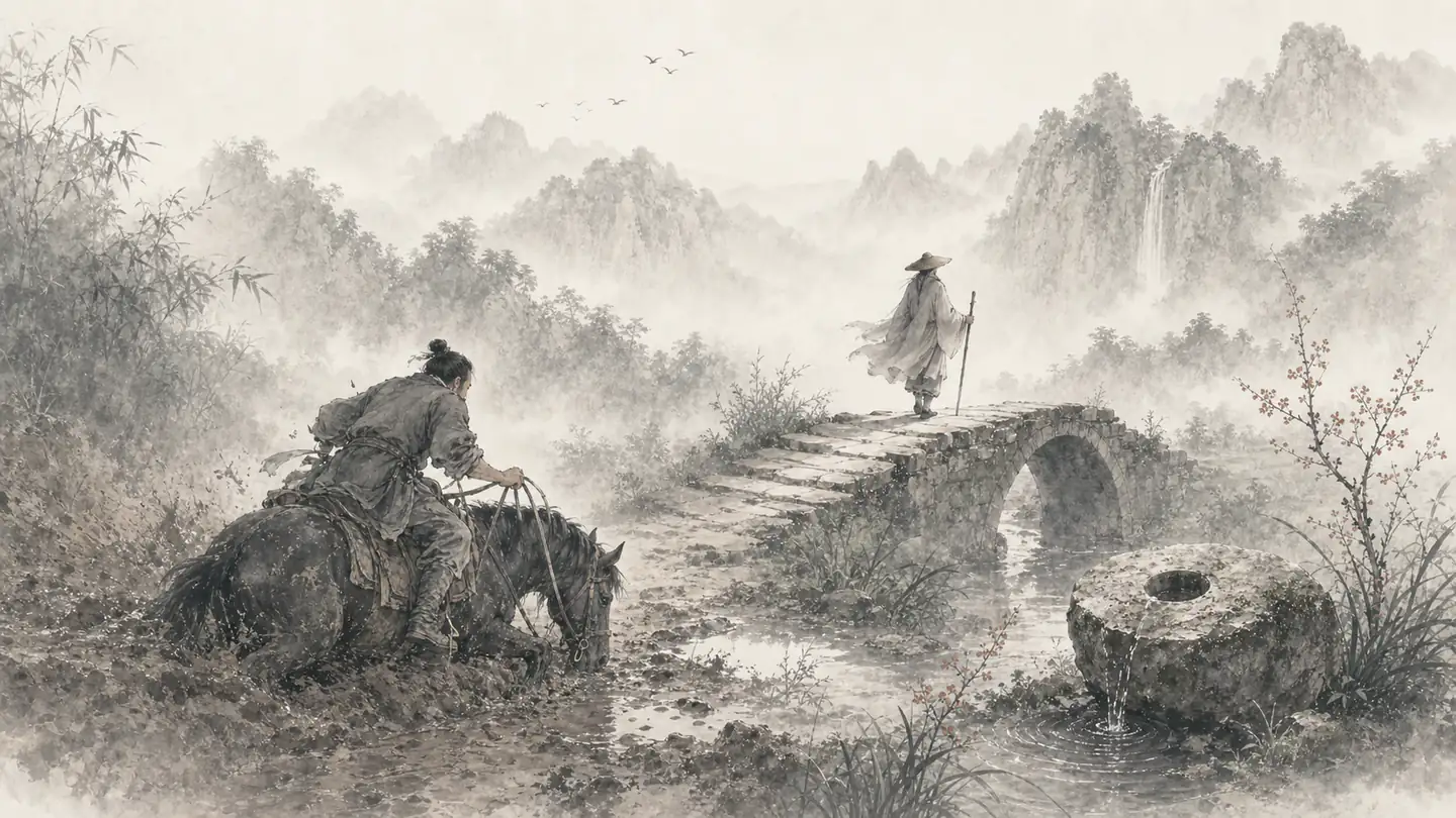A hurried rider becomes stuck in mud while a steady walker safely crosses a stone bridge, illustrating 欲速则不达.