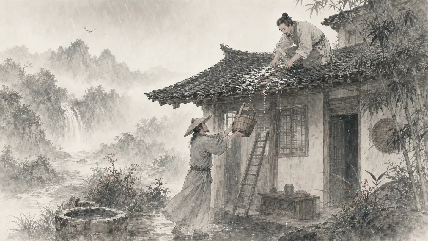 A nearby neighbor brings water and helps repair a leaking roof during sudden rain, illustrating 远亲不如近邻.