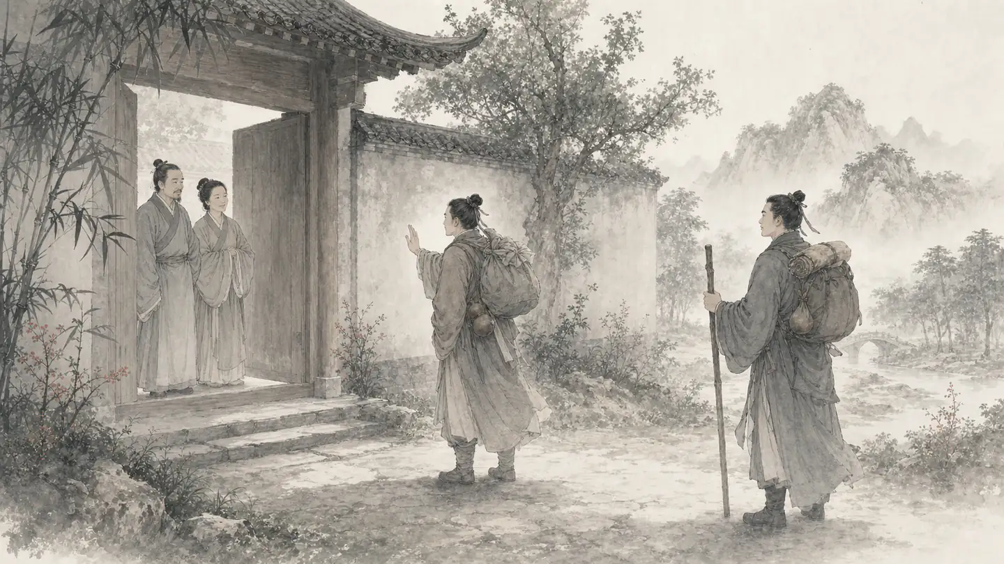 A traveler says farewell to parents inside a gate while a trusted friend waits outside, illustrating 在家靠父母，出门靠朋友.