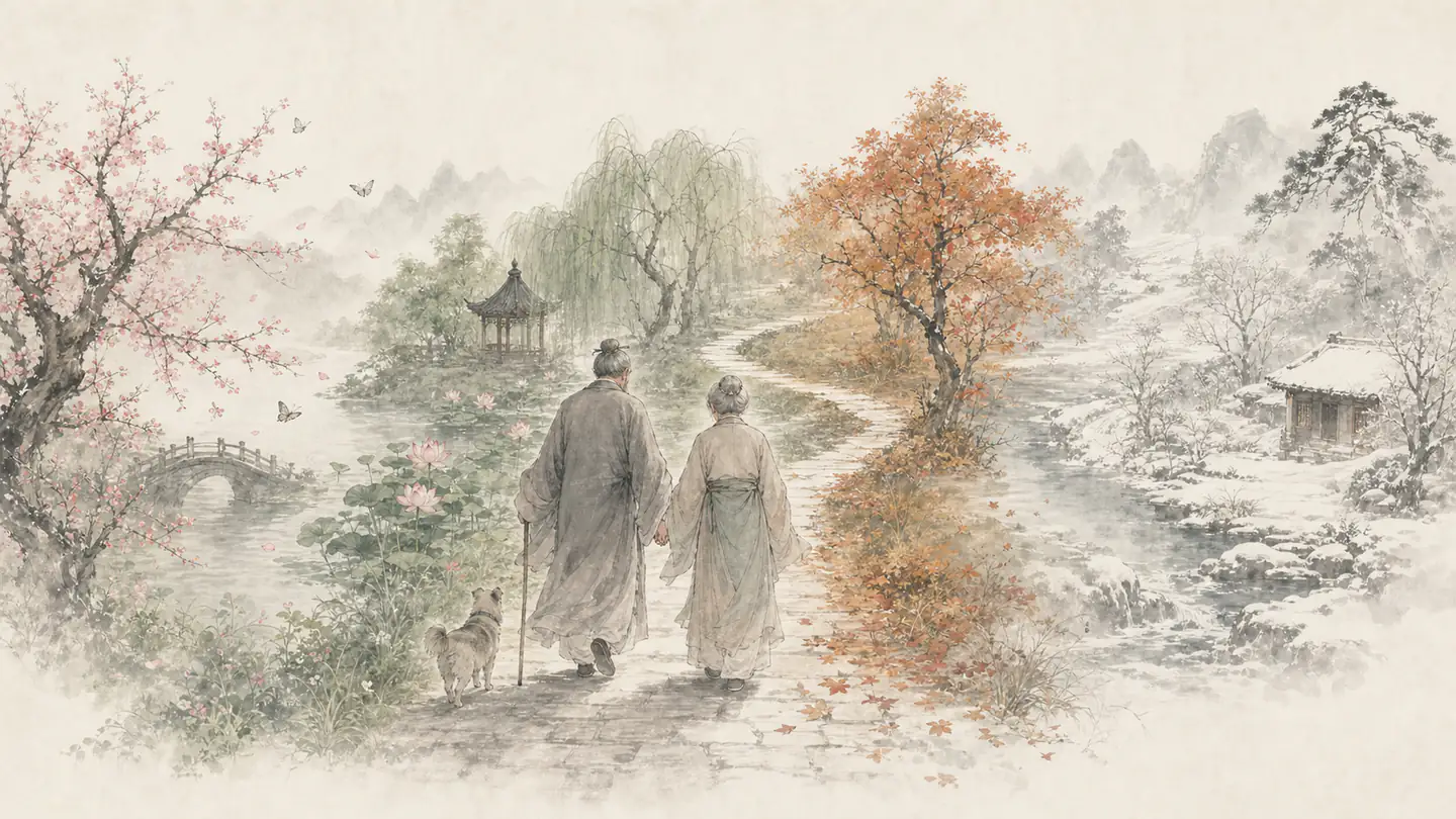 An elderly couple walk hand in hand along one path passing gently through all four seasons, illustrating 执子之手，与子偕老.